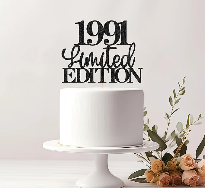 Limited EDITION 1991 Cake Topper - Black Glitter Happy 34th Birthday Party Cake Decoration Supplies, Cheer to 34 Years Cake Bunting Decor for 34th Birthday Party Photo Booth Props