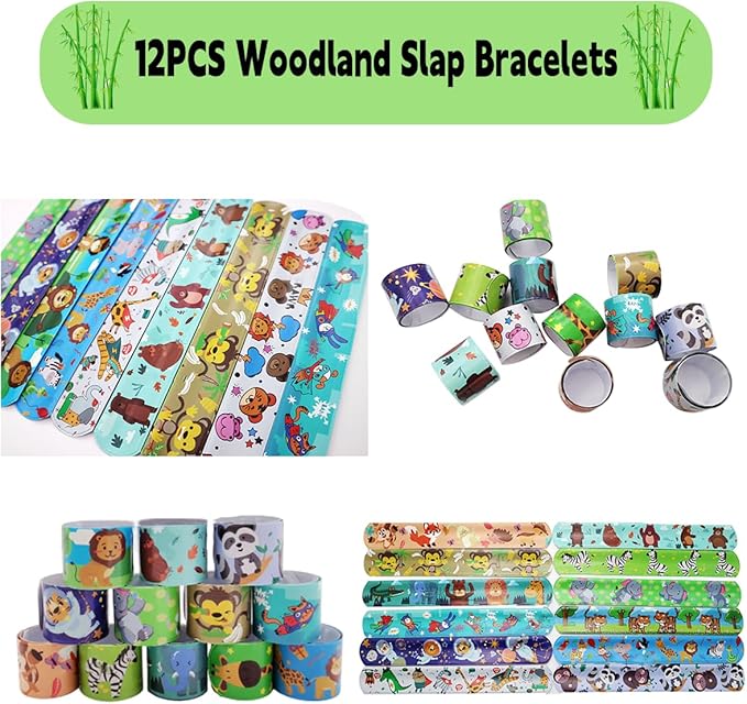 110PCS Safari Party Favors Jungle Party Favors Goodie Bags Stuffers for Camping Party Include Slap Bracelet,DIY Safari Stickers ,Woodland Keychains,Forest Animals Pencil Caps and Party Straws