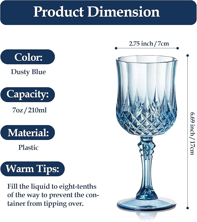 XUWAIDSGN 7oz Plastic Vintage Wine Glasses Drinking Glasses Unbreakable Wedding Glassware Crystal Water Goblets Reusable Drinkware Vintage Champagne Flutes (100, Blue)