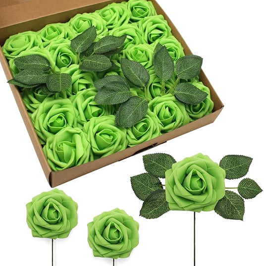 JOYLEX Green Artificial Flowers Realistic Roses, Real Looking Fake Roses with Stem for DIY Wedding Bouquets Centerpieces Bridal Shower Party Home Romantic Decorations (Green, 100pcs)