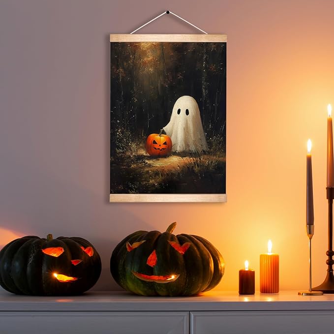 Rustic Halloween Ghost and Pumpkin Wall Art 18.5x14 Inch, Vintage Farmhouse Linen Canvas Wall Hanging Poster , Halloween Home Decor, Retro Gothic Haunted House Theme Wall Poster for Living Room Bedroom(BLK09)
