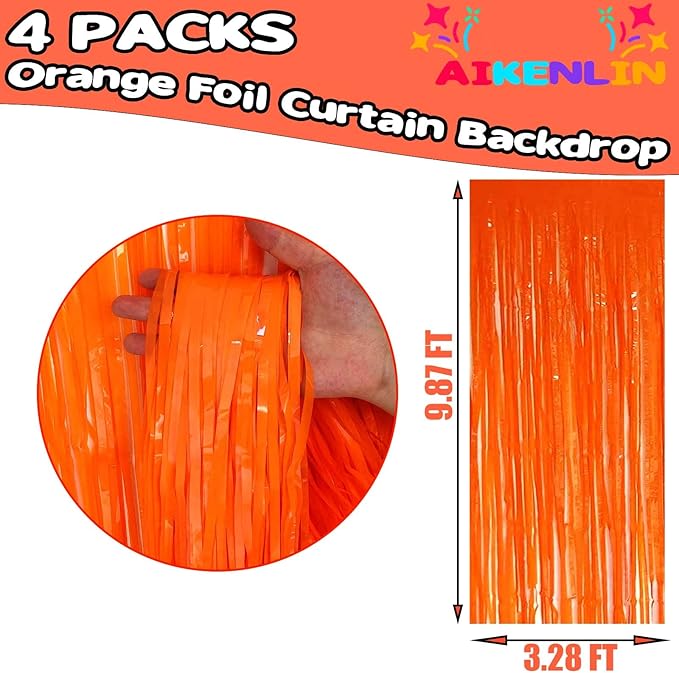 4 Pack Orange Foil Fringe Curtain Backdrop, 3.2Ft x 9.8Ft Metallic Tinsel Foil Fringe Streamers Curtains for Party, Photo Booth Prop, Birthday, Wedding, Mardi Gras Party Decoration