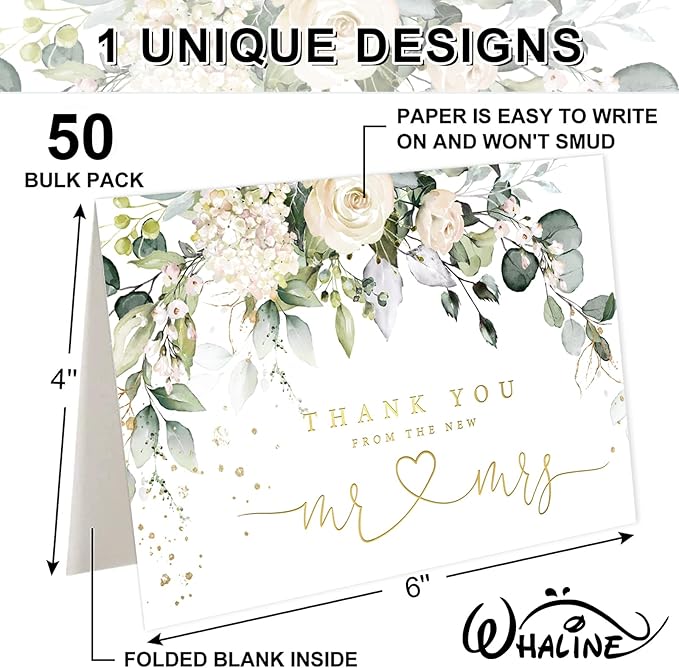 Whaline 50 Pack Floral Wedding Thank You Cards Flower with Eucalyptus Leaves Mr & Mrs Thank You Greeting Note Cards Boxed with Envelope Sticker for Bridal Shower