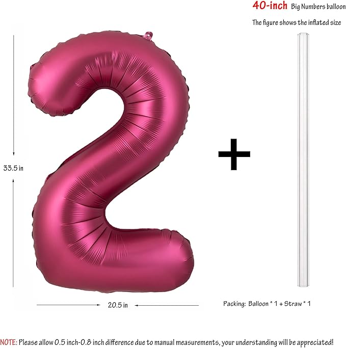 Number 2 Balloons 40 Inch Wine Red Burgundy Foil Helium Large Balloons for Birthday Party Anniversary Decorations（Digital 2）