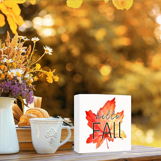 Funny Hello Fall Wood Box Sign Hello Autumn Maple Leaves Wooden Block Desk Decor for Home Office Kitchen Cubicle Table Shelf Tabletop,Farmhouse Fall Sign Decor