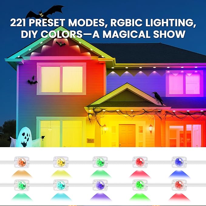 Permanent Outdoor Lights for House, 100 FT RGBIC all year house lights outdoor with Splitter & Bluetooth Remote, DIY via App for Music Sync, IP67 Waterproof Expandable LED Lights for Eaves, Lanai.