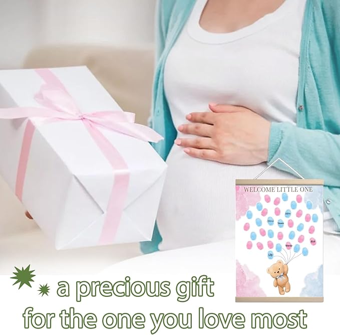 QZCYU Bear Theme Baby Gender Reveal Decorations, Baby Shower Guest Book Party Ideas, Gender Reveal Fingerprint Tree, Canvas Thumbprint Hanging Paintings