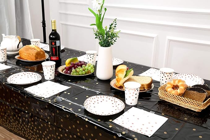4 Pack Plastic Tablecloths for Rectangle Tables, Black and Gold Waterproof Disposable Party Table Cloths, Table Covers for Decorations, New Year Graduation Birthday Cocktail, 54" x 108"