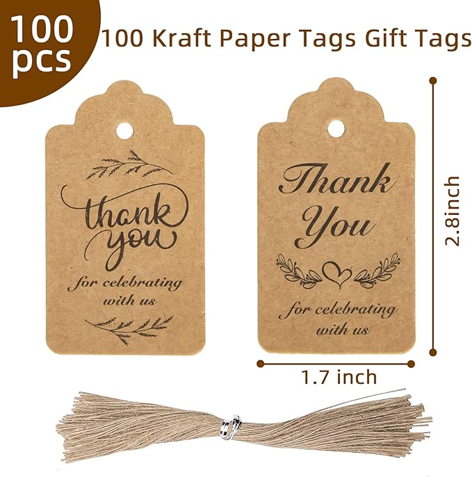 SallyFashion 100 PCS Thank You Tags, Kraft Paper Gift Tags with Hanging Strings for Wedding, Bridal Shower, Thanksgiving Day Labels