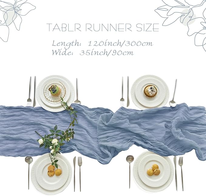 IVAPUPU 10 Pcs Cheesecloth Table Runner - 10ft Dusty Blue Boho Gauze Cheese Cloth Table Runners for Baby Shower Decoration Wedding Party Summer Garden Farmhouse