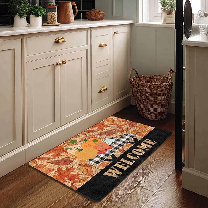 Fall Welcome Maple Leafs Decorative Door Mat, Autumn Thanksgiving Doormat for Indoor Outdoor Entrance Floor Mats,Fall Pumpkins Non Slip Harvest Vintage Decor Rubber Welcome Mats 16" x 24" Inch
