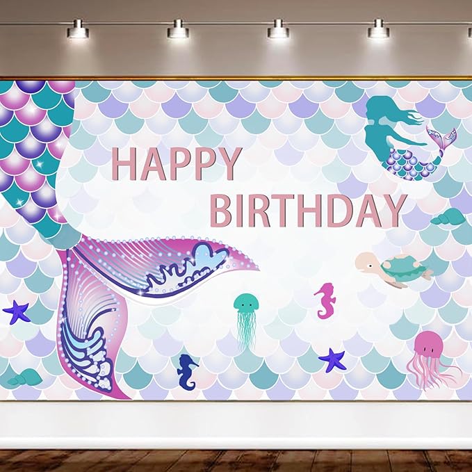 299 Pcs Mermaid Birthday Decorations, Mermaid Party Decorations Kit - Disposable Dinnerware Set with 25 Guests, Backdrop, Balloon, Banner, Tablecloth, Knives, Forks, Spoons, CakeTopper