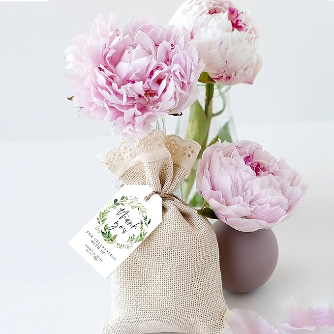 Andaz Press 100-Pack Personalized Thank You Wedding Favor Tags with Bakers Twine Greenery Wreath Custom Cardstock 2' X 3.75'