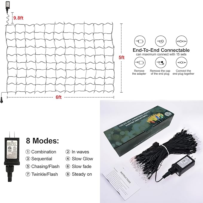 120Led Red Halloween Christmas Net Lights Outdoor 5ft x 6ft Connectable, 8 Modes Waterproof Black Wire 29V Plug in Mesh Net Christmas Lights for Garden, Yard, Bushes, Trunk, Xmas Tree Decor (Red)