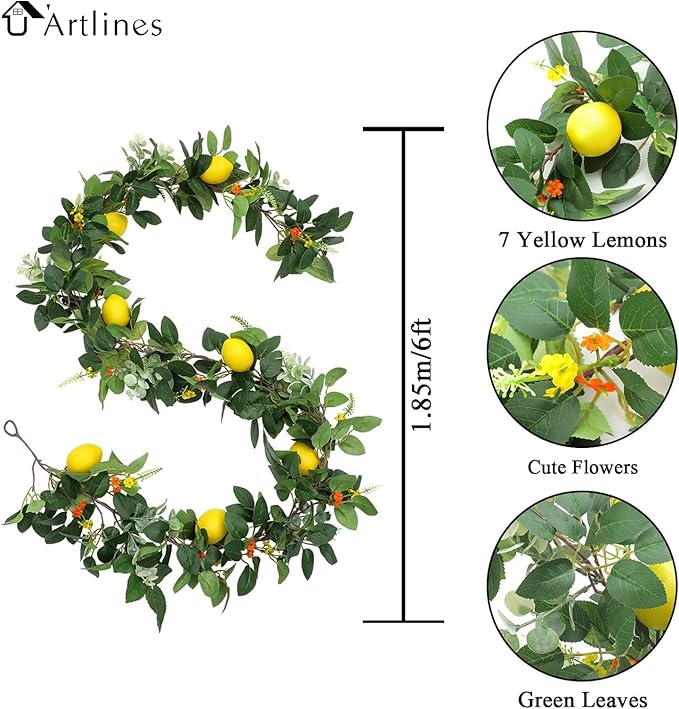 U'Artlines 2Pcs Total 12 Ft Artificial Lemon Garland Spring Summer Faux Fruit Vine Garlands with Greenery for Door Wall Mantle Wedding Party Table Decorations