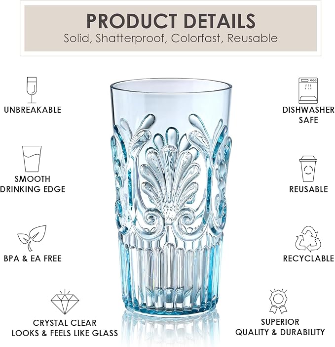 BELLAFORTE Shatterproof Plastic Tall Tumbler, Set of 4, 23oz - Unbreakable Drinking Glasses - Flower Beach Glasses Drinking for Gifting, Parties, Poolside, Home - Dishwasher Safe - BPA Free