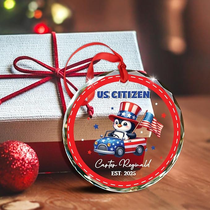 Customized Penguin US Citizen Glass Christmas Ornament 2025, Personalized Year & Name New American Citizen Keepsake Xmas Ornaments Gift for Men Women Boys Girls Sister Brother, New Citizens Ornament