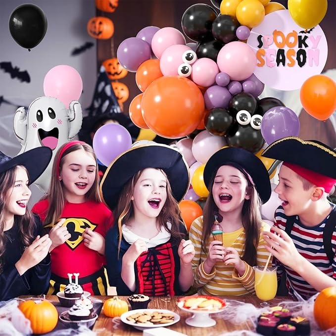 Halloween Balloon Arch Kit,120PCS Halloween Pastel Pink Black Orange Purple Balloons, Ghost Foil Ballons for Halloweenday Party Decorations BOO Party Supply Birthday,Baby Shower