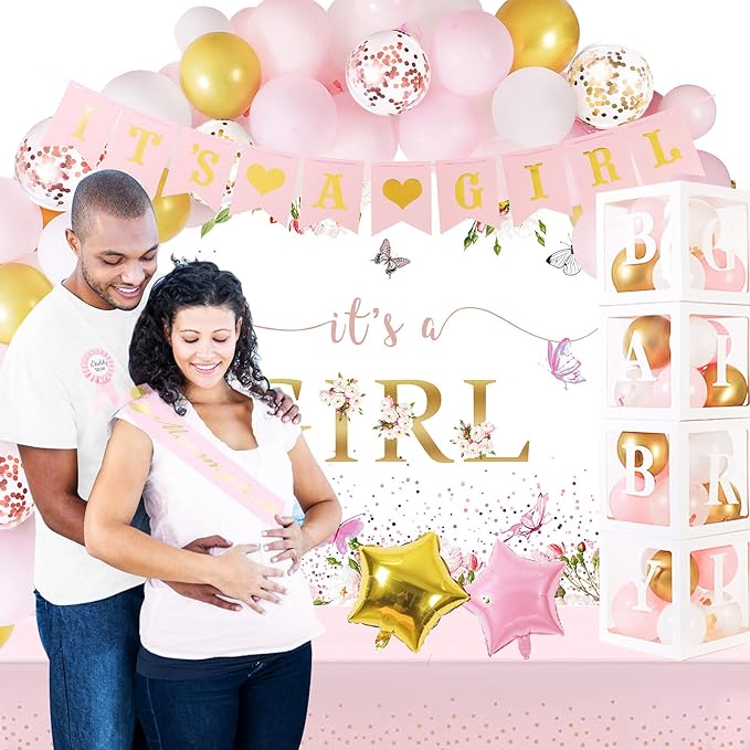 Pink Gold Baby Shower Decor Kit with It's a Girl Backdrop Banner, Balloons, Pink Balloon Garland, Tablecloth and Sash