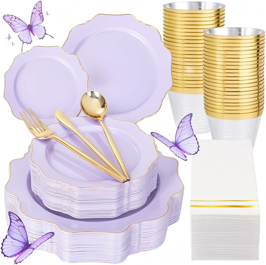 WDF 175Pcs Purple Plates Disposable - Lavender Plastic Plates 25guest Plastic Dinnerware Ideal for Birthday Party/Wedding/Spring/Picnic