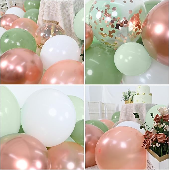 Sage Green and Rose Gold Balloons, 12 Inch Avocado Green Metallic Rose Gold Confetti Balloons, Retro Green White Balloons for Birthday Wedding Baby Shower Jungle Safari Party Decoration