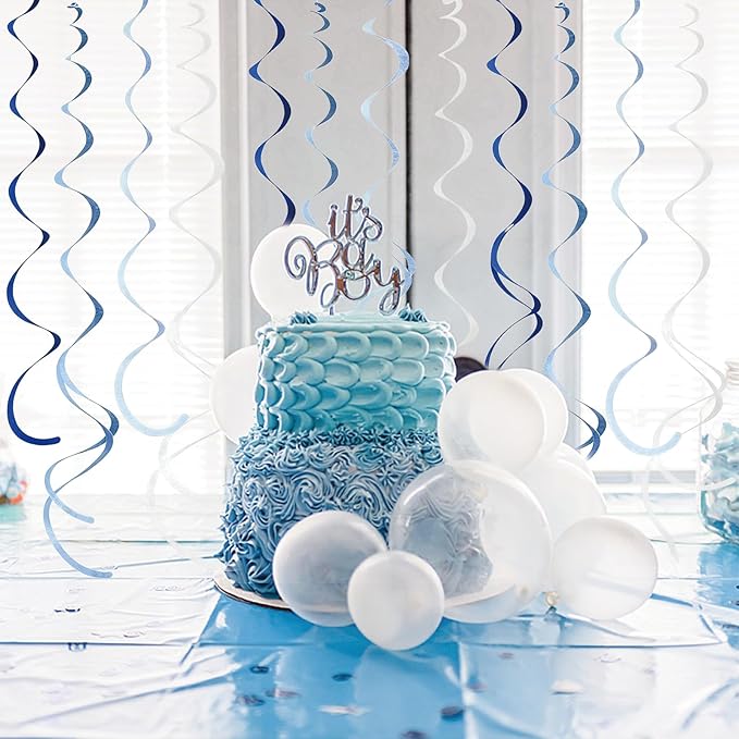 48 Pcs Blue Hanging Swirl Party Decorations Ombre Blue Felt Ceiling Spiral Streamers with Hooks for Birthday Wedding Baby Shower Graduation Party Supplies