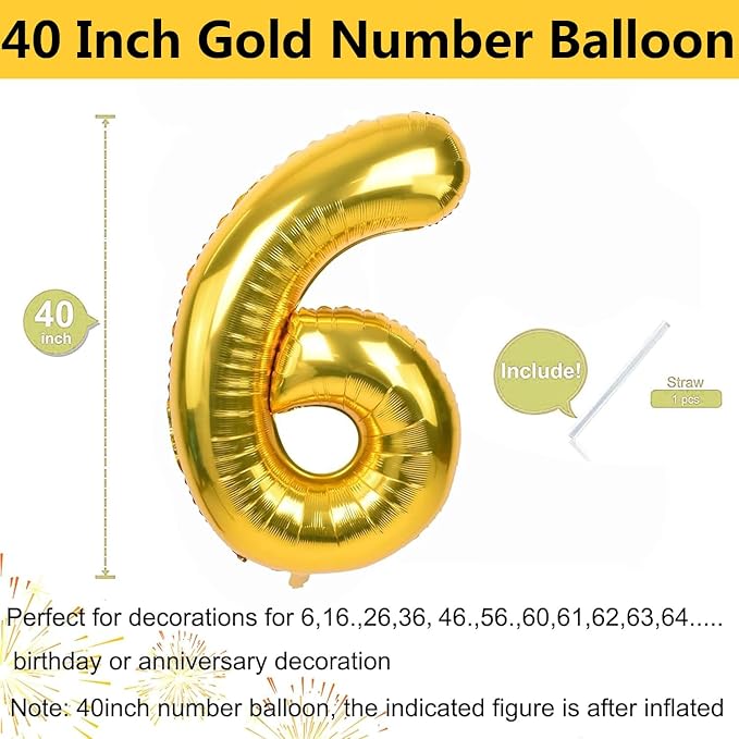 40 inch Gold Number Balloon Giant Foil Helium Balloons Gold Number 6 Balloon for 6th Birthday Party Anniversary Decorations Supplies