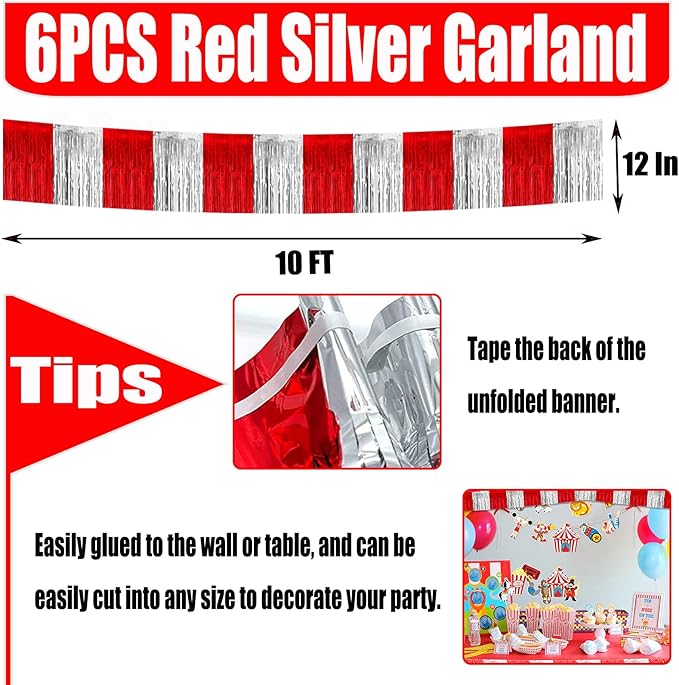 6 Pack 10 Feet Foil Fringe Garland Metallic Tinsel Streamers Banner Wall Hanging Backdrop for Parade Floats, Bachelorette, Circus Welcome Carnival Birthday Party Decorations(Silver Red)