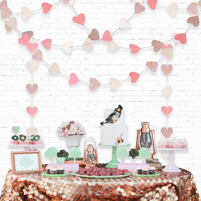Sparkly Heart Hanging String Garland, Paper Heart Garland Streamers for Bachelorette Birthday Party Decorations Baby Shower Anniversary Bridal Shower Decorations, Rose Gold Pink White