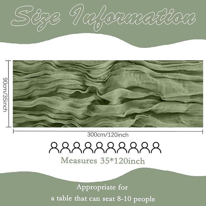 6 Pack Sage Green Cheesecloth Table Runner 10FT Boho Gauze Fabric Table Runner 35 x 120 Inch Rustic Sheer Runner for Centerpiece Wedding Decor Baby Shower Party Boho Table Decoration