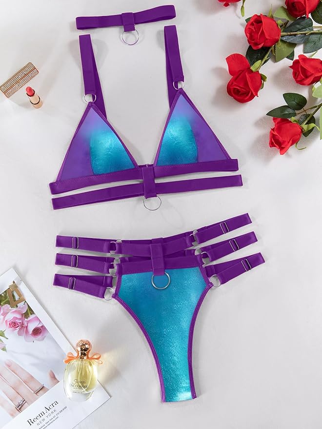 Lilosy Sexy Wireless Choker O Ring Linked Strappy Harness Lingerie Set Outfits 3 Piece