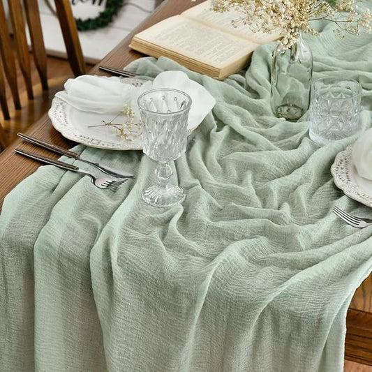 Artoid Mode Boho Cheesecloth Gauze Sage Green Wedding Table Runner, 120 Inch Seasonal Fabric Kitchen Dining Holiday Table Decor for Home Party Indoor