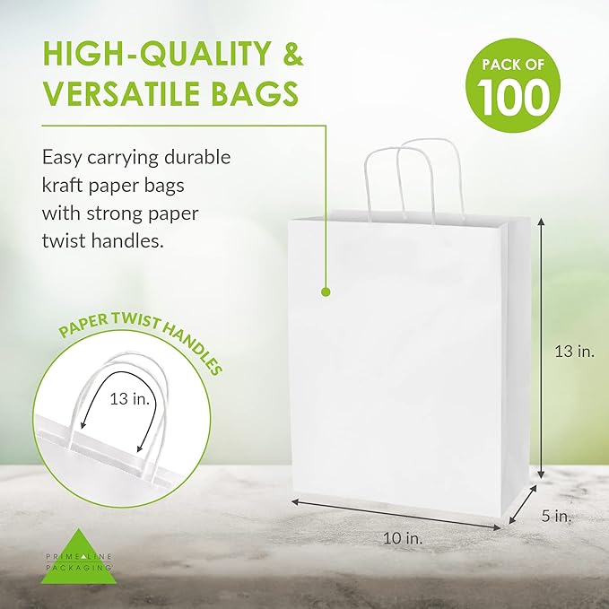 Prime Line Packaging White Gift Bags, Shopping Gift Bags Medium with Handles for Small Business, Boutiques, Retail, Merchandise, Party Favors, Bulk 10x5x13, 100 Pack