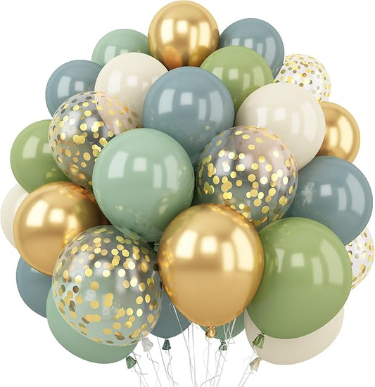 Togvu Dusty Green Blue Balloon, 60 Packs 12 Inch Sage Green Blue Balloon with Haze Fog Blue Sand White and Gold Balloons for Jungle Safari Neutral Boho Birthday Baby Shower Party Decorations