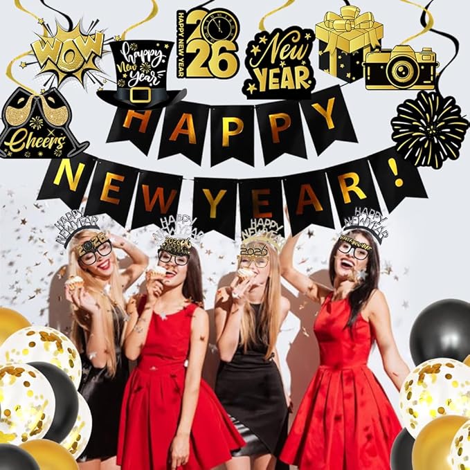 Happy New Year Decorations 2026, New Year Eve Party Supplies Decor Banner Headbands, Glasses, Hanging Swirl, 2026 Foil Balloons, Happy New Years Balloons, Fringe Curtain NYE Decorations