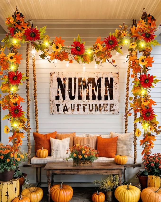 Uieke 6FT Fall Garland with Lights, Fall Maple Leaf Garland with Sunflowers Berries Fall Decor Garlands for Home Wedding Harvest Thanksgiving Mantle Fireplace Farmhouse Indoor Outdoor Decor