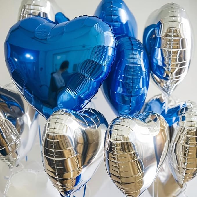 Blue Silver Heart Balloons, 18 Inch Royal Blue and Silver Heart Shape Balloons, 12PCS Helium Love Foil Balloon for Birthday Baby Shower Engagement Wedding Party Decorations