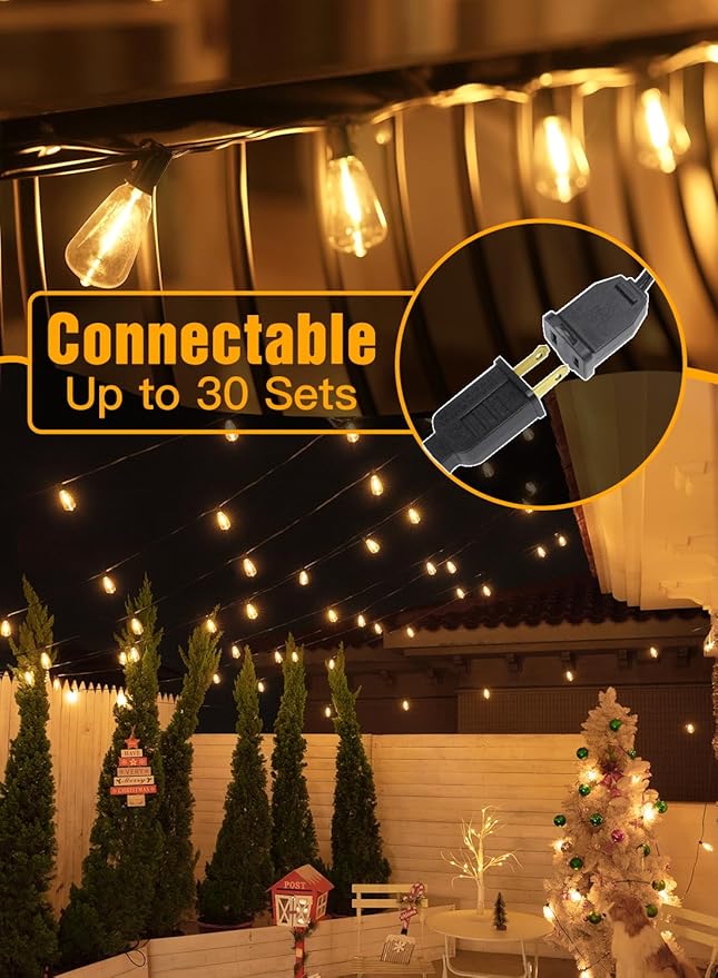 Ollny Outdoor String Lights 30FT, Shatterproof Connectable Patio Lights with 15+1 Spare ST38 Vintage Bulbs, 2200K Warm White Waterproof Outside Hanging Light for Camping Yard Gazebo Porch Balcony