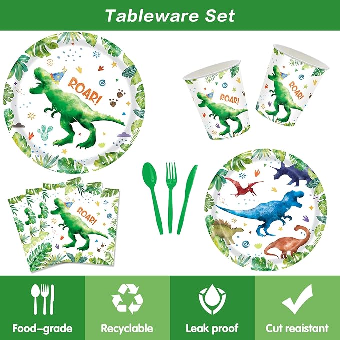 142 Pcs Watercolor Dinosaur Party Supplies Dinosaur Theme Birthday Party Decoration Includes Plates Cups Napkins Knives Forks Spoons Tableware for Boys Birthday,Serves 20 Guests