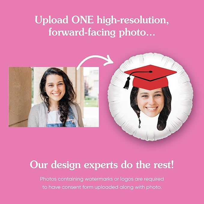 Big Dot of Happiness Personalized Red Grad Cap Fun Face Photo Balloon, Elementary High School College Custom Graduation Party Decorations, Double-Sided Round Circle Mylar, 1 Piece
