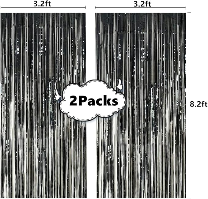 2 Pcs 3.2ft x 8.2ft Shiny Black Metallic Tinsel Foil Fringe Curtain Photo Booth Backdrop Props for Birthday Wedding Bridal Shower Baby Shower Celebration Bachelorette Party Decorations