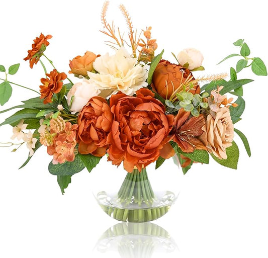 Artificial Flowers in Vase, WELL KNOWN Silk Rose Peony Flower Bouquet Table Centerpieces with Faux Water for Fall Home, Fake Flower Arrangement for Seasonal Party Decor (Burnt Orange & Champagne Plus)