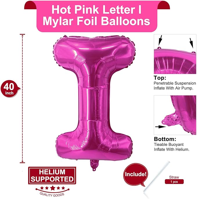 Lovoir 40 Inch Large Hot Pink Letter I Balloons Big Size Jumbo Mylar Foil Helium Balloon for Birthday Party Celebration Decorations Alphabet Hot Pink I