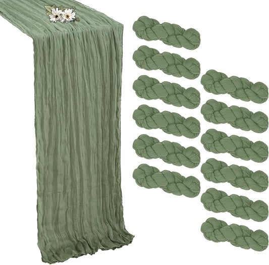 12 Pack Sage Green Cheesecloth Table Runner 10FT Boho Cheese Cloths Gauze Fabric Table Runners 120 Inch Rustic Sheer for Wedding Birthday Party Baby Shower Centerpiece Home Decorations