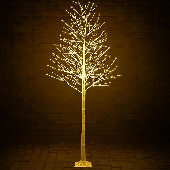 Baquler 1 Pack Lighted Birch Tree - Large Christmas Warm-White LED 8 Mode Light Birch Tree Decoration Set for Thanksgiving Holiday Fall Winter Party Decor, Indoor & Outdoor (9.2 ft)