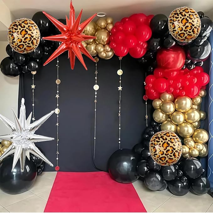 Red Black Gold Balloon Arch Garland Kit Leopard Cheetah Print Party Balloons Black Red Metallic Silver Gold Explosion Star Balloon for Girl Night Bachelorette New Year Casino Birthday Party Decoration