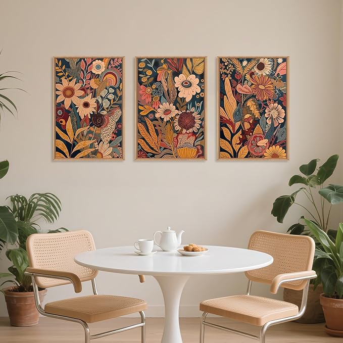 HOURIA Large Orange Flower Framed Canvas Wall Art Set,Boho Mid Century Modern Floral Botanical Wall Decor,Retro Vintage Blossom Artwork,Neutral Plant Art Print for Living Room,Bedroom,Office-24"x36"x3