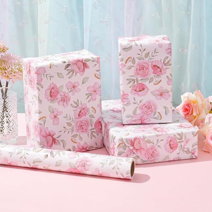 ZINTBIAL Pink Floral Wrapping Paper Roll - Watercolor peonies and leaves Design, 17 Inches x 16.5 Feet, Gift Wrap for Wedding, Bridal Shower, Birthday, Mother's Day, Cut Lines on Back
