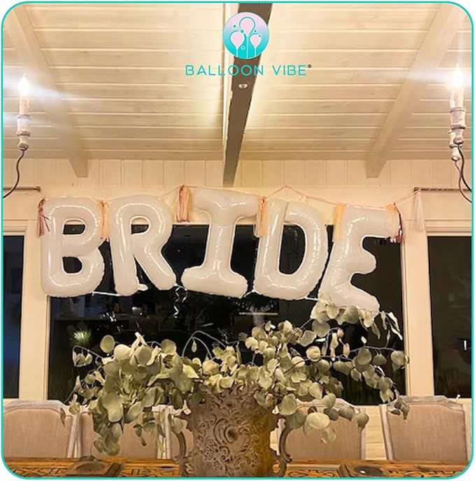 BALLOON VIBE Giant 40" White BRIDE Balloons with Hand Pump, 2 Straws & Ribbon Roll - Bride Letter Balloons for Bachelorette Party Decorations, Wedding, Engagement, Bridal Photo Booth