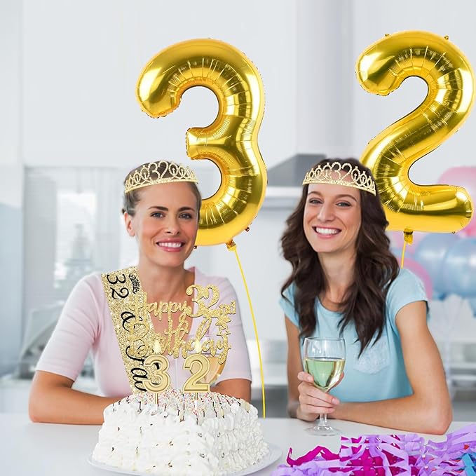 32nd Birthday Decorations for Women Gold with 32 Birthday Sash and Tiara, Cake Topper and Candles, Number Balloons, 32 Year Old Gifts for Women